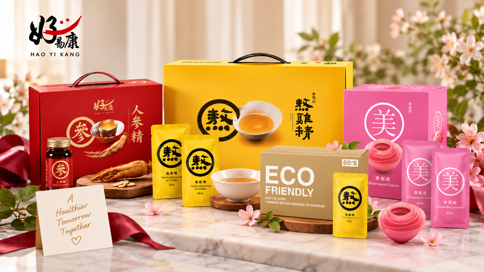 Hao Yi Kang wellness gift hamper in Singapore featuring chicken essence, collagen beauty essence and ginseng essence
