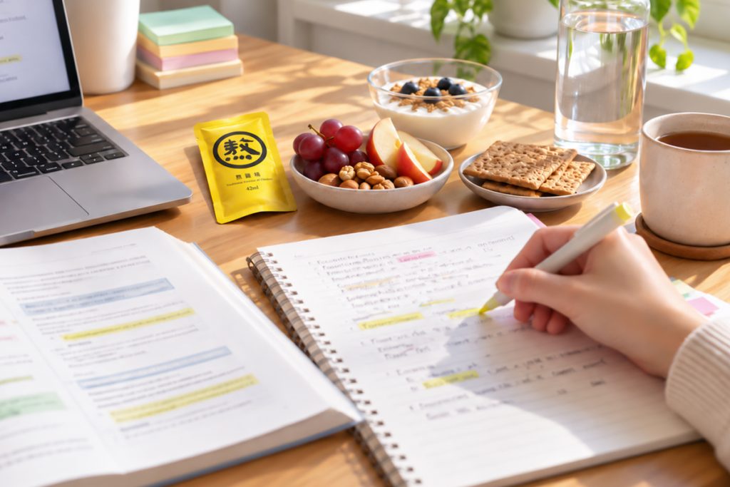 Healthy exam season snacks and water for students during revision