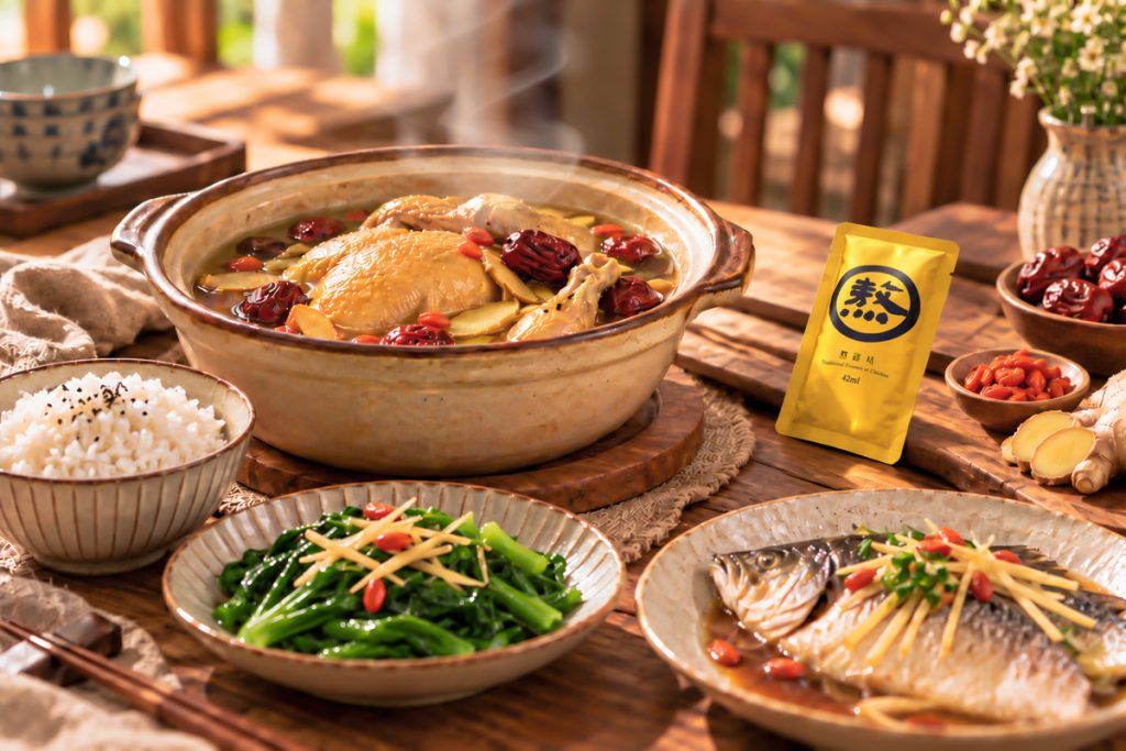 Traditional Chinese confinement foods including ginger chicken soup and red dates