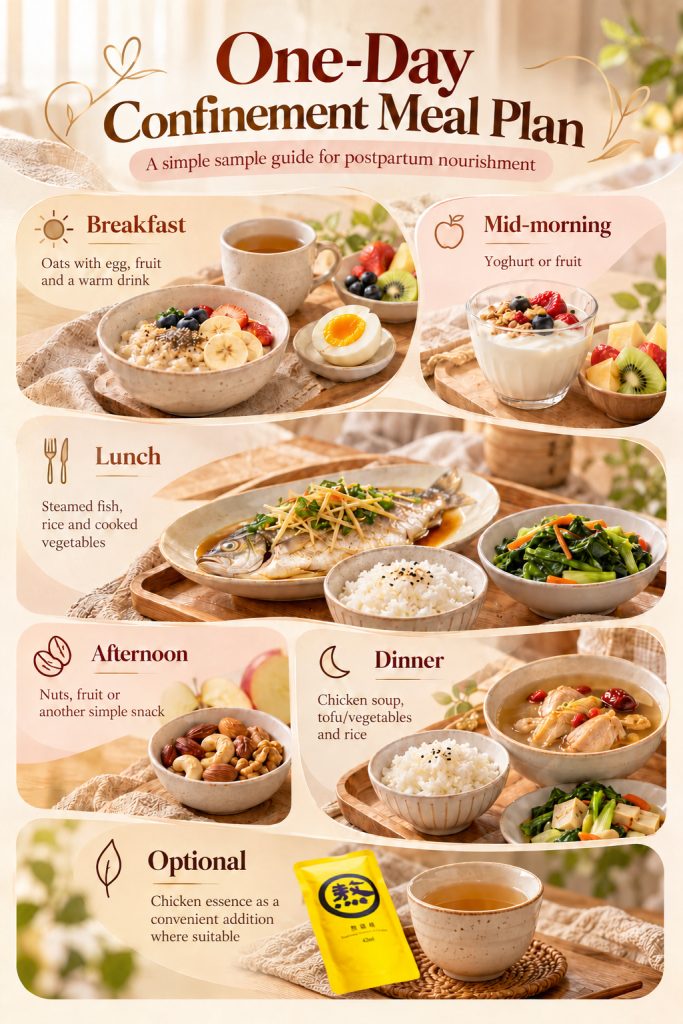 One day confinement meal plan for postpartum mothers