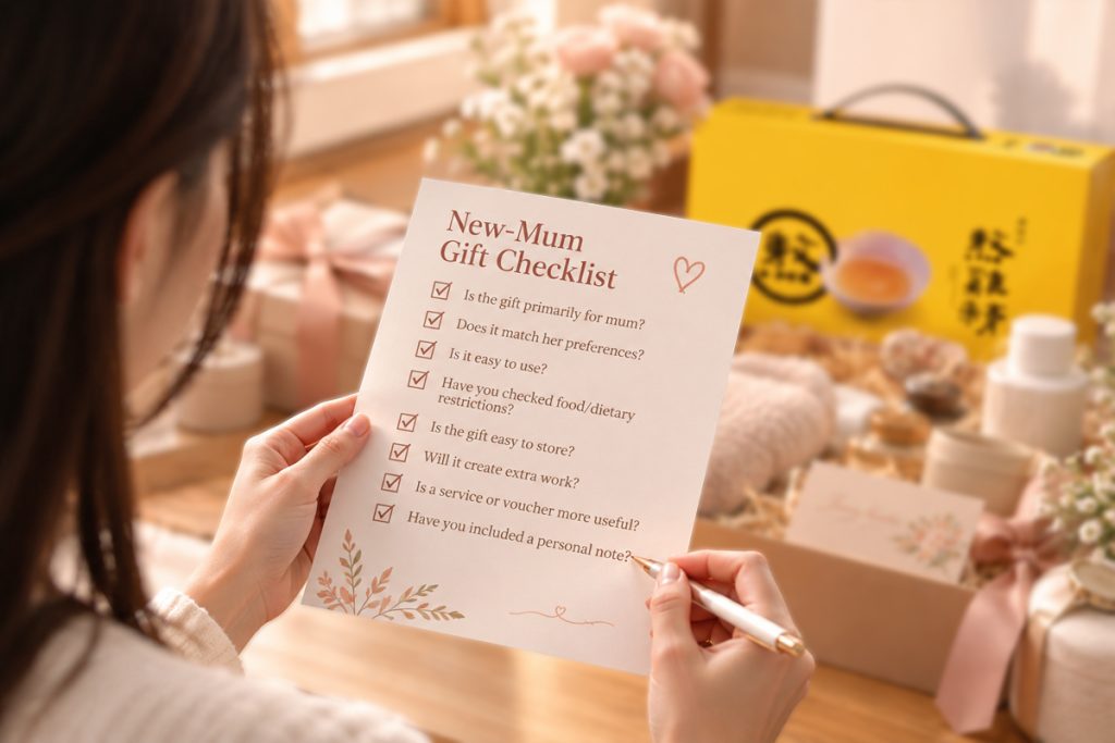 Practical new mum care package with wellness food and self-care gifts