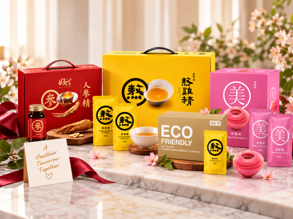 Hao Yi Kang wellness gift hamper in Singapore featuring chicken essence, collagen beauty essence and ginseng essence