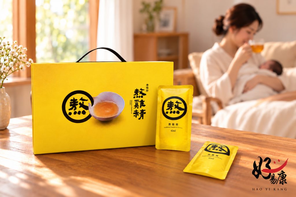 Lao Xie Zhen by Hao Yi Kang chicken essence alongside a postpartum confinement meal